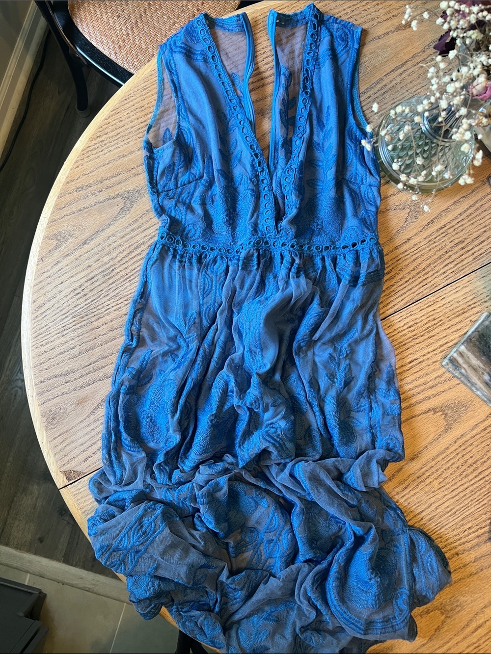 Blue Lace Sleeveless V-Neck Embroidered Maxi Dress with Built in Shorts